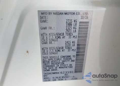 2017 Nissan Pathfinder S z USA, uszkodzony, nr VIN 5N1DR2MM9HC623591